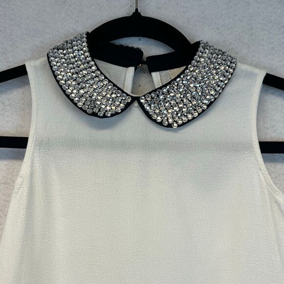 KATE SPADE Girls Top Small White Sleeveless Embellished Black Peter Pan Collar - Picture 2 of 11
